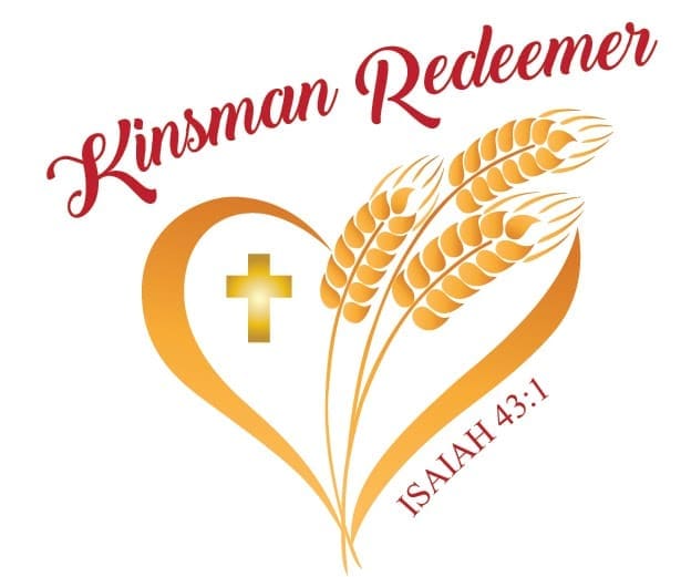 Heart-shaped design with a gold cross inside, three golden wheat stalks, and red text reading Kinsman Redeemer. The Bible reference ISAIAH 43:1 is written in red along the bottom right of the heart. Kinsman Redeemer Homeless Ministry in Dickson County Tennessee